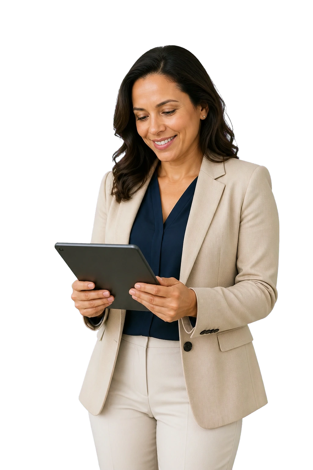 Corretora consultando uma análise imobiliária em um tablet